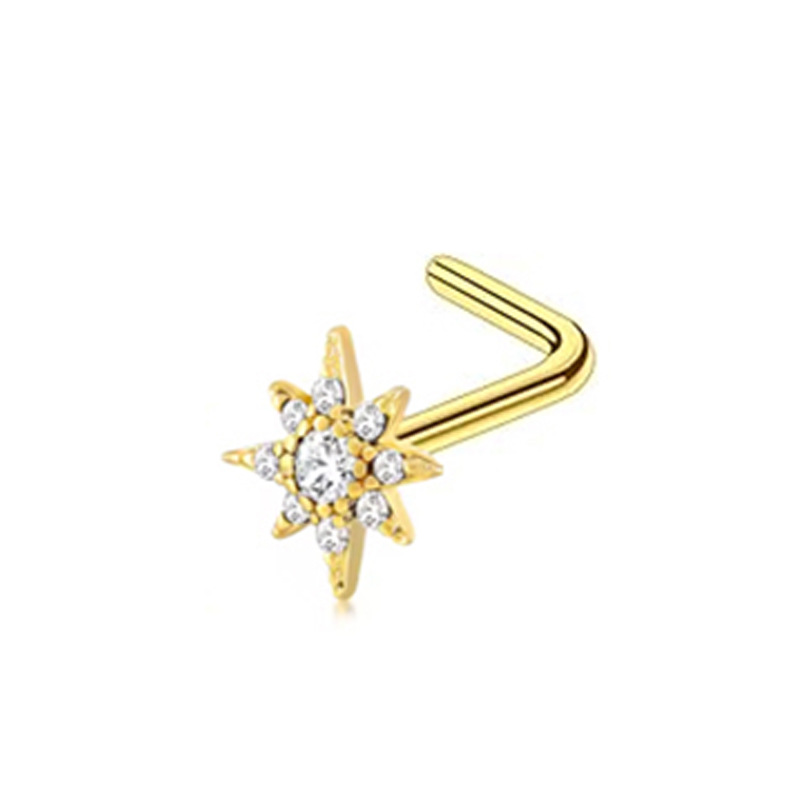 Stainless Steel Nose Stud With Zircon Stone L-shaped Piercing_voghion.com