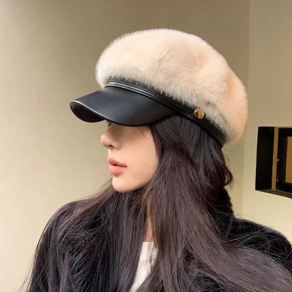 Elegant Lady-Style Duckbill Hat for Women, Autumn and Winter Faux Mink Fur, Face-Slimming Newsboy Cap, Warm and Cold-Resistant Plush Hat