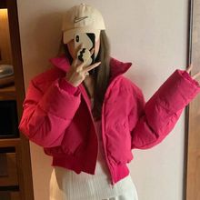 跨境玫红色短款棉衣棉服外套女装冬季2022年新款设计感小众面包服