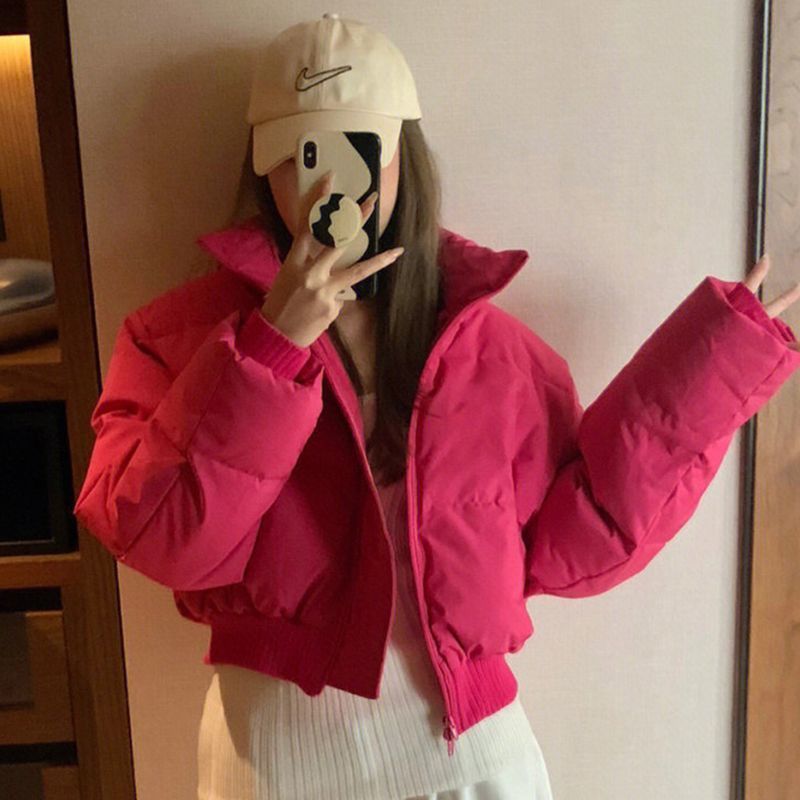 跨境玫红色短款棉衣棉服外套女装冬季2022年新款设计感小众面包服