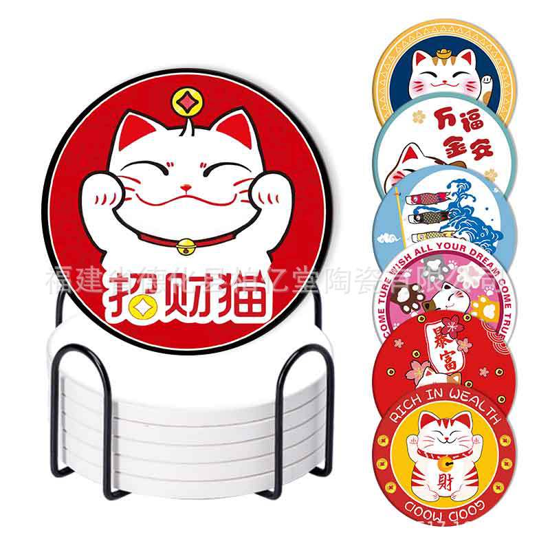 批发中式国风招财猫陶瓷软木吸水杯垫礼品 饮料咖啡垫茶杯垫餐垫