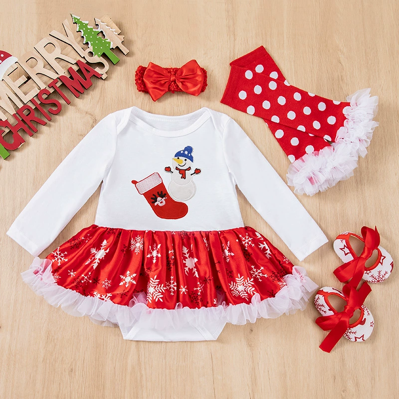 Демисезонный Christmas боди, юбка, детский комплект, с длинным рукавом, со снежинками, набор 4 шт., оптом