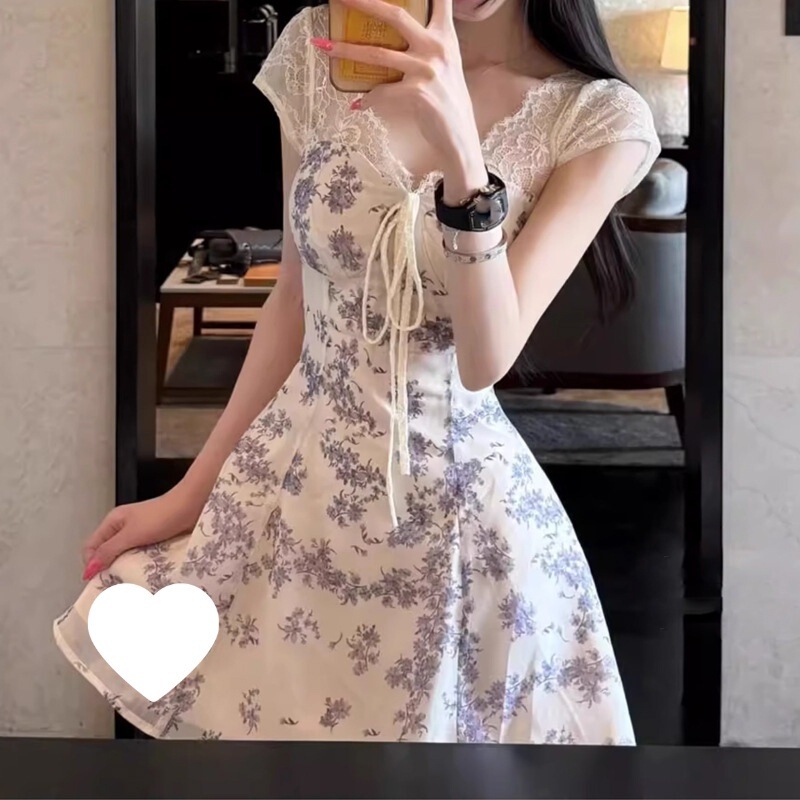 藤が絡み合った*自家製フレンチフェミニンウエストホリデーフローラルVネック巾着ストラップドレスエレガントな気質|undefined