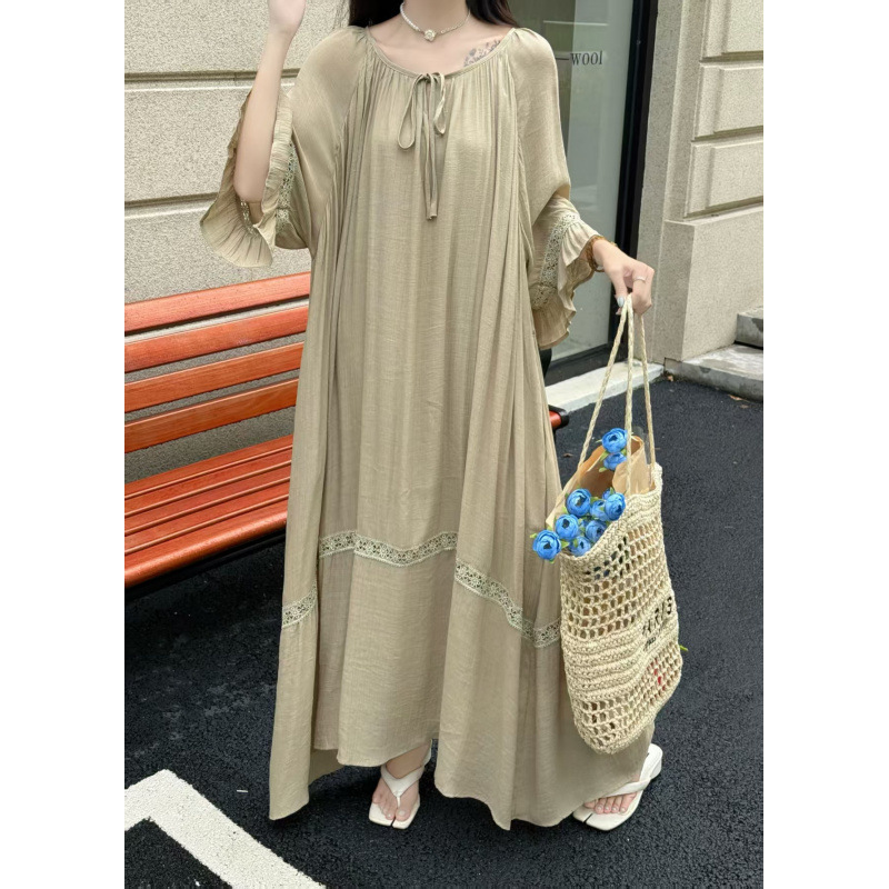 Real Shot of a Lace Patchwork Dress with Ruffle Sleeves and Ramie Fabric, Long and Flowing, Slimming Effect Real Shot of a Lace Patchwork Dress with Ruffle Sleeves and Ramie Fabric, Long and Flowing, Slimming Effect