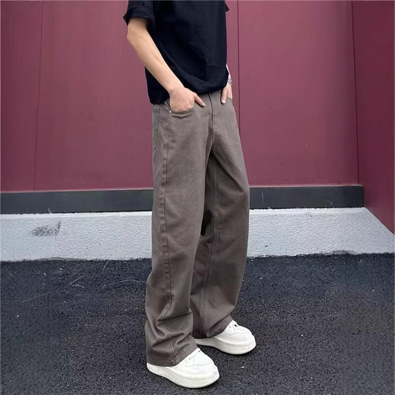 American Retro Maillard Brown Jeans for Men, Trendy High Street Style, Cool Loose Fit Cleanfit Straight Pants