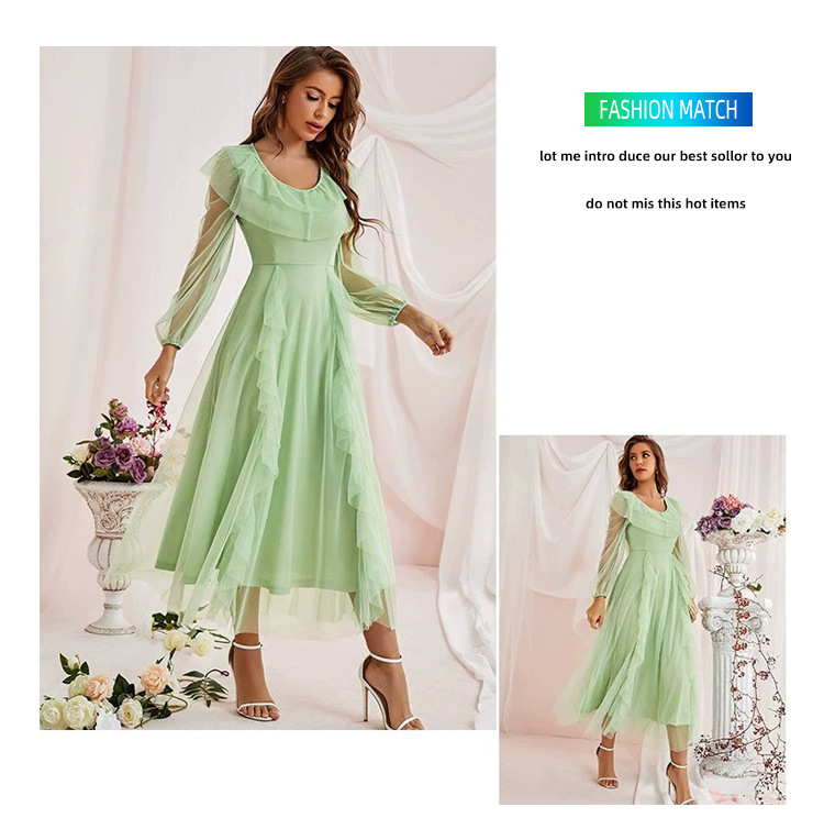 Gonna lunga in rete di pizzo girocollo abito a trapezio in rete a vita alta_voghion.com