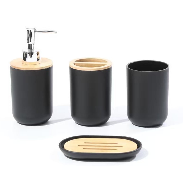 Baños nórdicos de cuatro piezas con cubierta de bambú y madera baño hotel casero taza de botella de loción caja de jabón