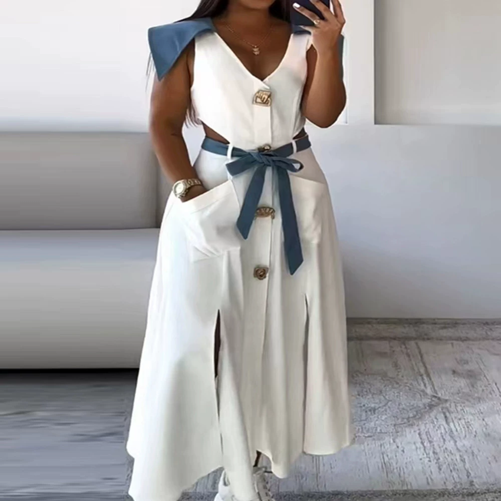 25 спот независимых станций Amazon трансграничные горячие распродажи летом новые лацканы с открытым и сплошным поясом платье без рукавов