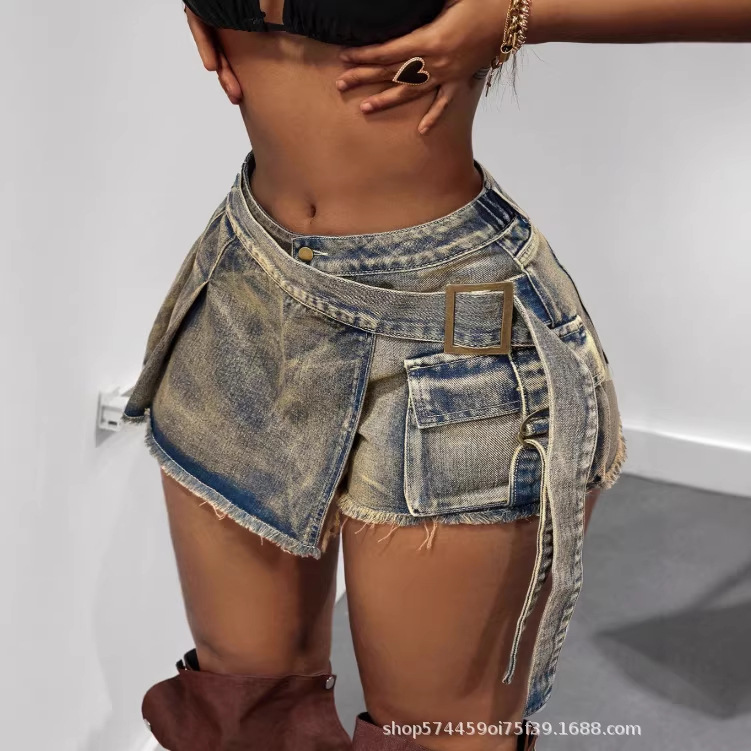 Amazon Tiktok Pinduoduo Foreign Trade Cross-Border Plus-Size Women's Retro Distressed Denim Skirt Pants for Women Summer