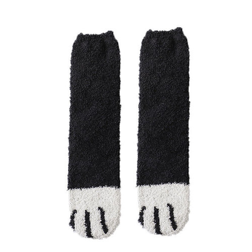 Autumn and winter warm and thick cat paw print coral velvet socks women's towel floor socks mid-calf cat paw sleep socks wholesale