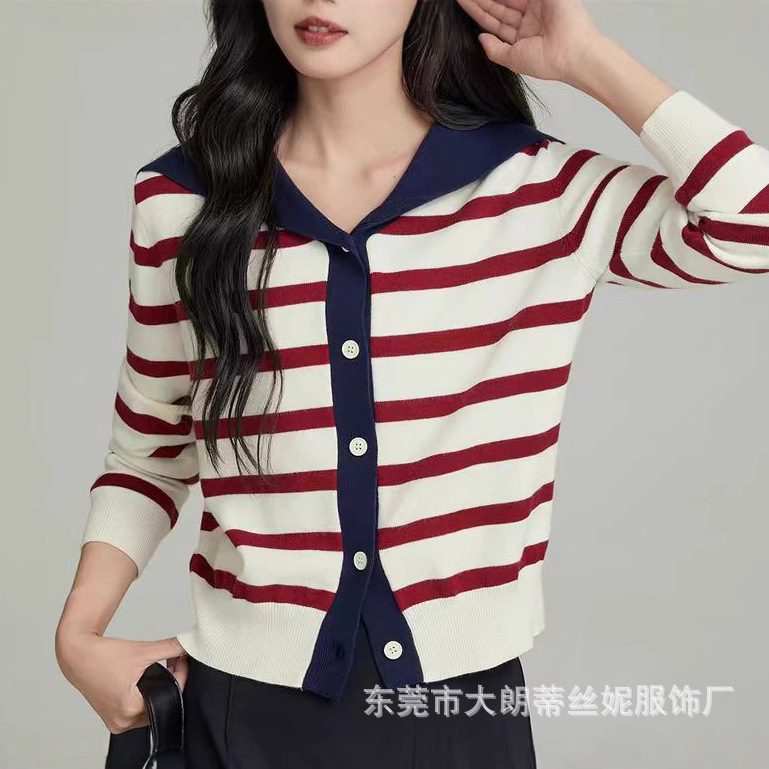 Autumn and Winter 2024 Korean Navy Collar Long-sleeved Knitted Cardigan Women's Design Niche Contense Color Lazy Style Sweater Top