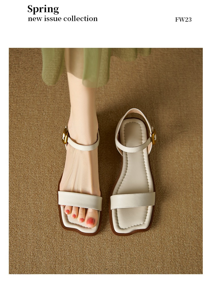 Sandal quai ngang hở mũi vuông đế bệt khóa đơn giản cỡ lớn 34–43 — Màu nâu chi tiết 17