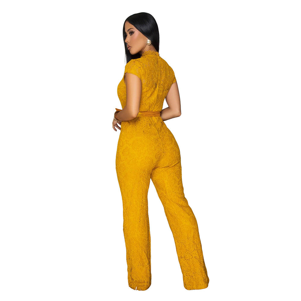 Elegant Lace Jumpsuit With Wide-Leg Design European Style Round-neck Short-sleeved Lace One-piece Pants For Women_ecoleips.com