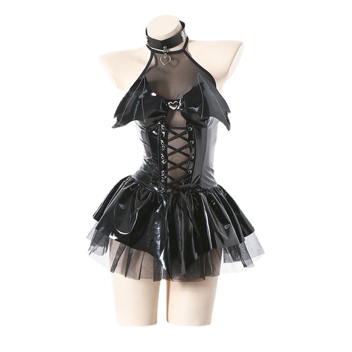 New sexy underwear mirror PU halter strap bat little devil see-through skirt C0S uniform two-dimensional set