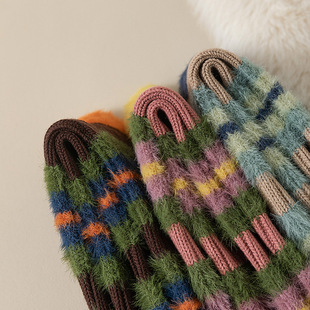 Socks Women's Mid-Socks Ins Trendy Korean-style Thick-lined Striped Color-matching Color-matching Imitation Mink Fur Warm Socks for Autumn and Winter