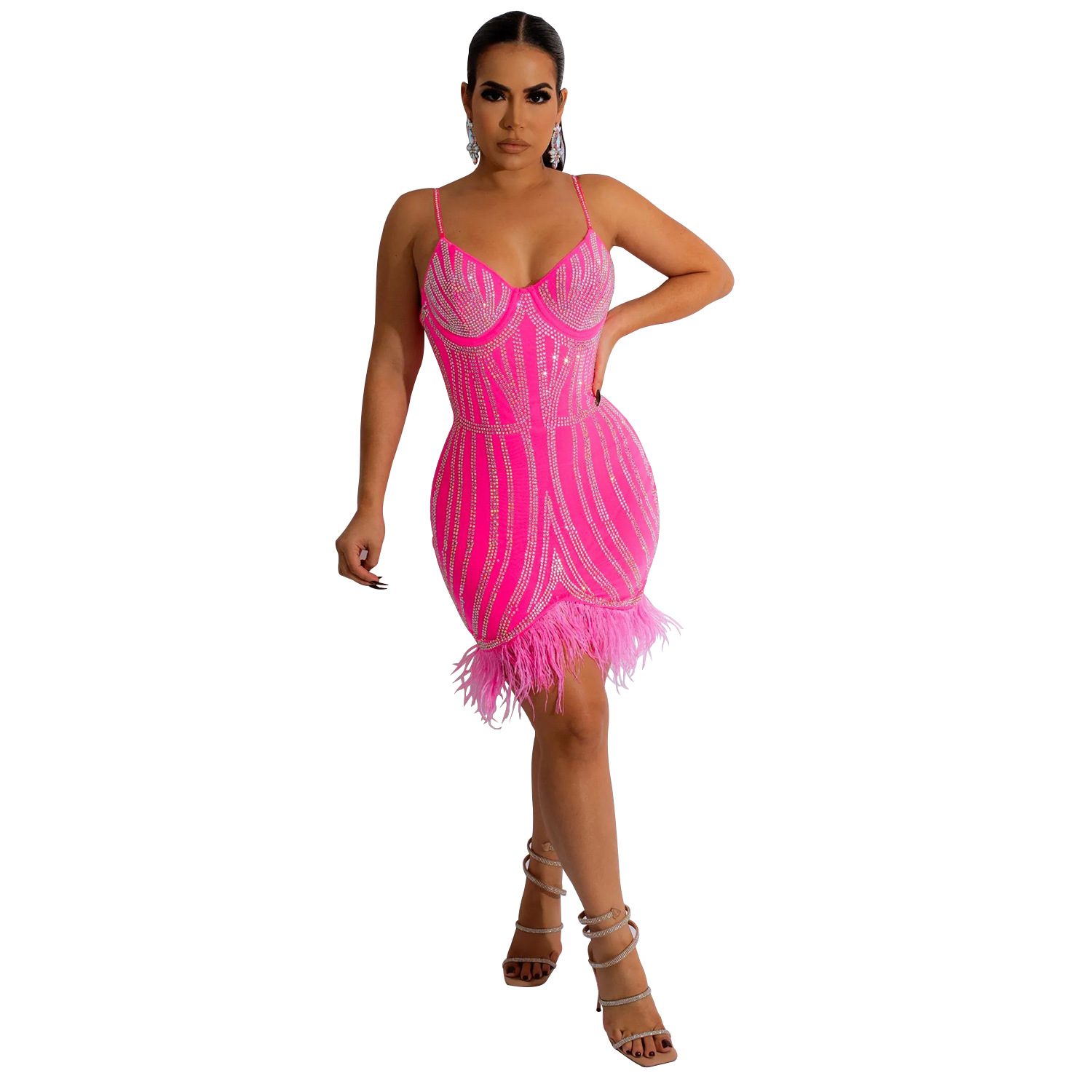 C6156 transfronteriza AliExpress Amazon moda europea y americana de las mujeres sin mangas envuelto pecho rhinestone pluma correa de hombro vestido