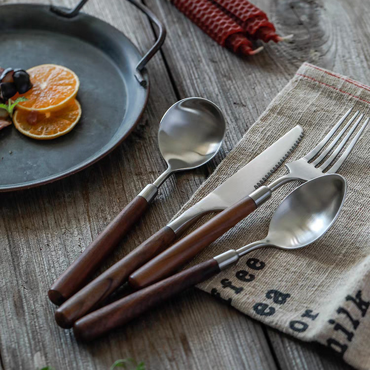 304 stainless steel walnut wood handle tableware set, thick household Western-style retro brushed steak knife, fork, spoon, dessert spoon