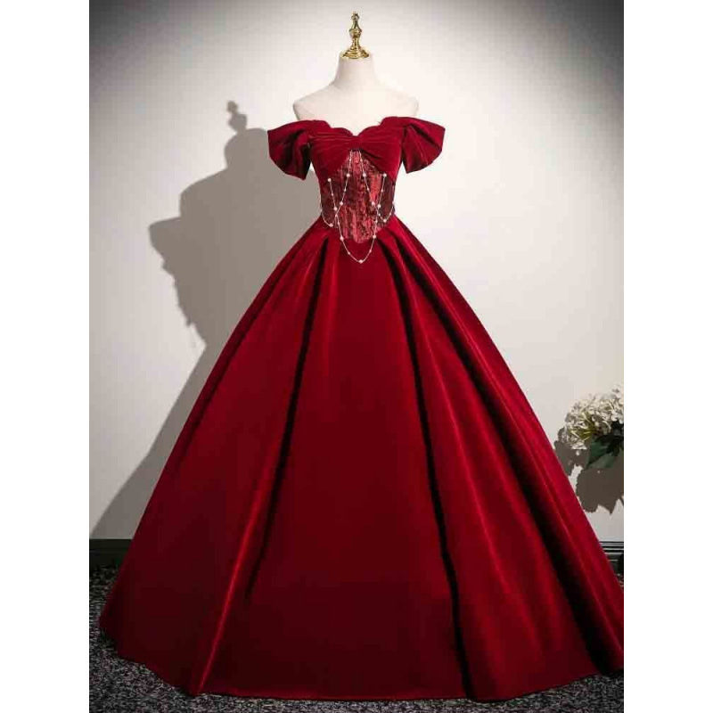 Evening Dress High-End New Style Burgundy Hepburn Style High-End Princess Dress Wedding Toast Dress Bride Engagement Dress Women