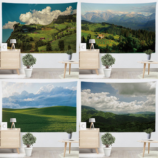 Scenery of Mountains and Grasslands Outside the Window, Hanging Cloth, Rental House Wall Covering, Decorative Painting Background Cloth