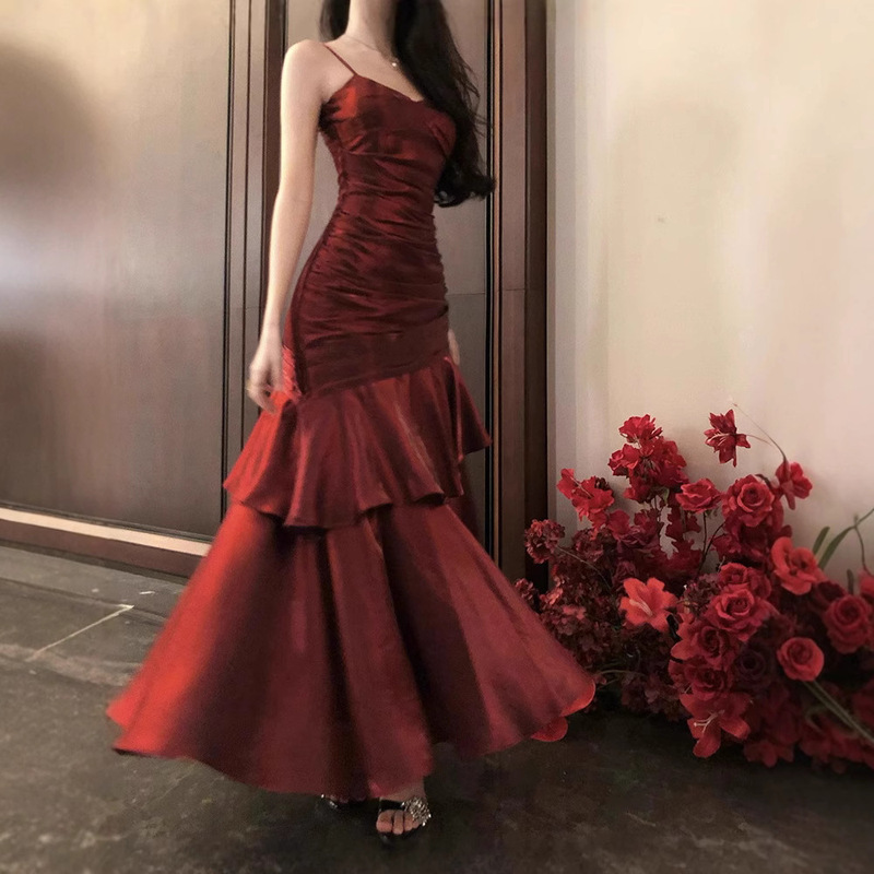 French Christmas New Year Red Strap dress Mermaid Ji Ruffled Fishtail Long Dress Birthday Carmine Dress