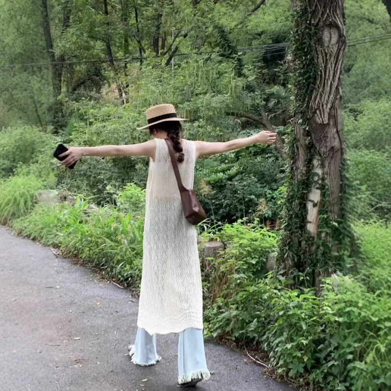 Spring and Summer Style Front and Back Two-Wear Personalized Fashionable Knitted Blouse Women's Back Slit Long Skirt Round Neck Hollow Sun Protection Dress Spring and Summer Style Front and Back Two-Wear Personalized Fashionable Knitted Blouse Women's Back Slit Long Skirt Round Neck Hollow Sun Protection Dress