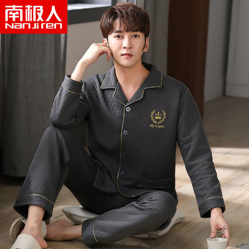 Pijamas hombres 100% algodón Otoño e Invierno Nuevo más tamaño joven y de mediana edad intercalar espesado cálido traje de primavera y otoño