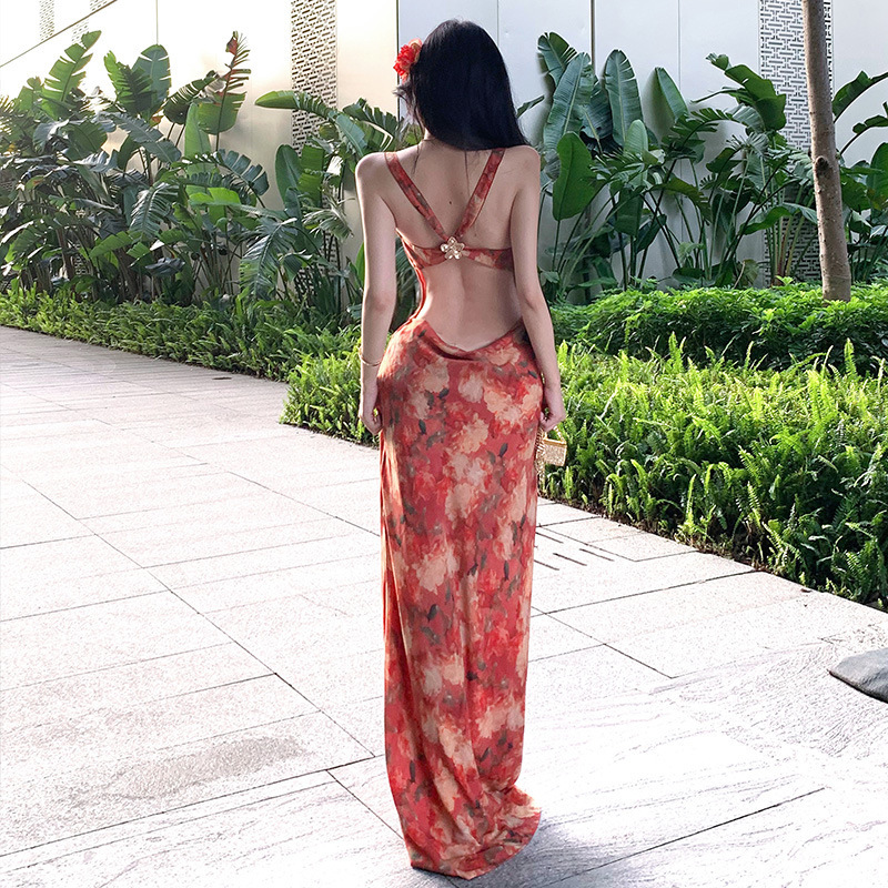 French Retro Beautiful Red Floral Halterneck Suspender Dress for Women Summer Sexy Backless Seaside Vacation Long Dress French Retro Beautiful Red Floral Halterneck Suspender Dress for Women Summer Sexy Backless Seaside Vacation Long Dress
