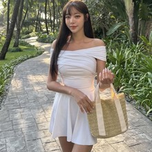 韩国新款气质女神交叉露肩抹胸保守可拆卸裙式泡温泉连体游泳衣女