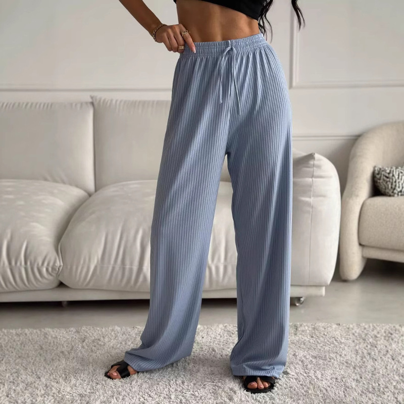 Cross-Border Amazon Hot-Selling Women's Ribbed Elastic Casual Pants Jogging Sports Wide-Leg Pants