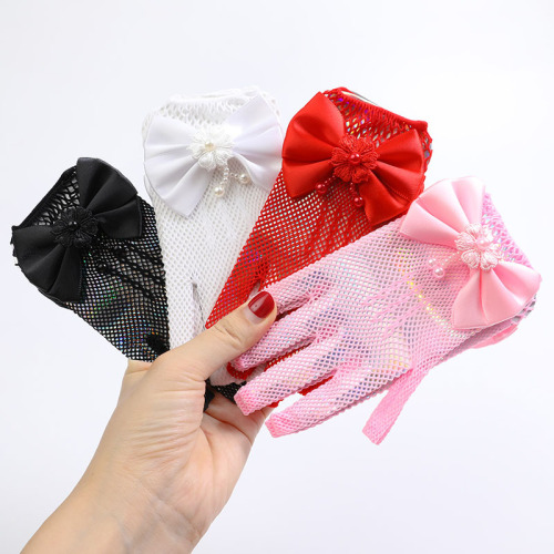 Children's princess dress mesh bow gloves stage performance wedding flower child pure white thin gloves wholesale