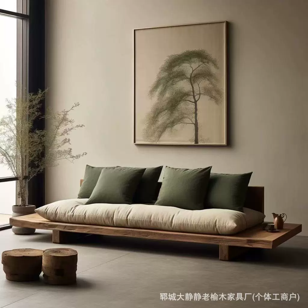 日式侘寂风实木直排沙发椅民宿酒店家具简约休闲椅客厅实木沙发