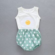 韩版童装夏季新款婴儿荷包蛋印花背心上衣加圆点面包裤子两件套装