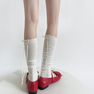 Spring and Summer Simple Wood-ear Piled Socks Set Ins Fashionable Cotton Solid Color Heeled Ribbon Bow Calf Leg Set for Women