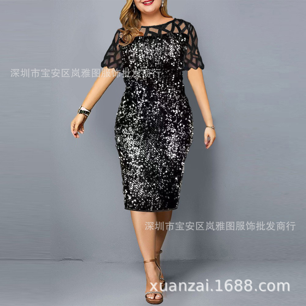 Summer 2022 European and American pop personality sequins large size short sleeve dresses