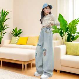 2025春新款刺绣流苏女童阔腿牛仔裤中大童洋气12到15岁女孩阔腿裤