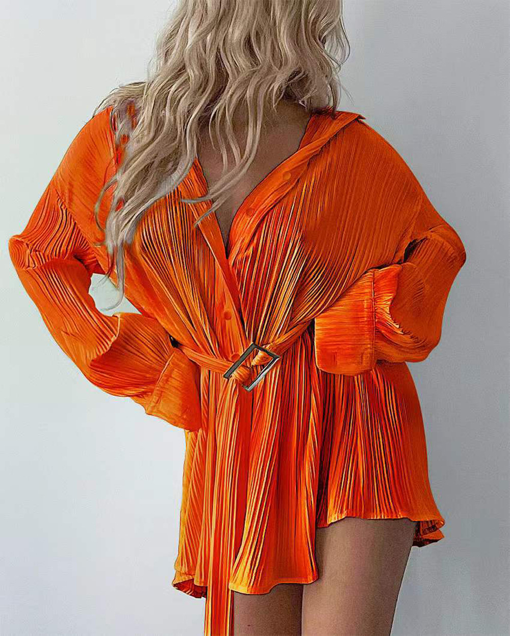 Women's Clothing 2024 women's new shirt collar fashion women's elastic waist pleated long sleeved lace up dress_mkmklike.com