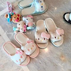 卡通kitty猫2025亚麻拖鞋女春夏防滑居家透气休闲室内舒适拖鞋