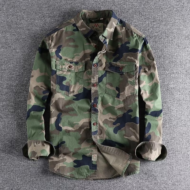 Autumn new trendy washed American military camouflage shirt for men, versatile casual long-sleeve work shirt with double pockets