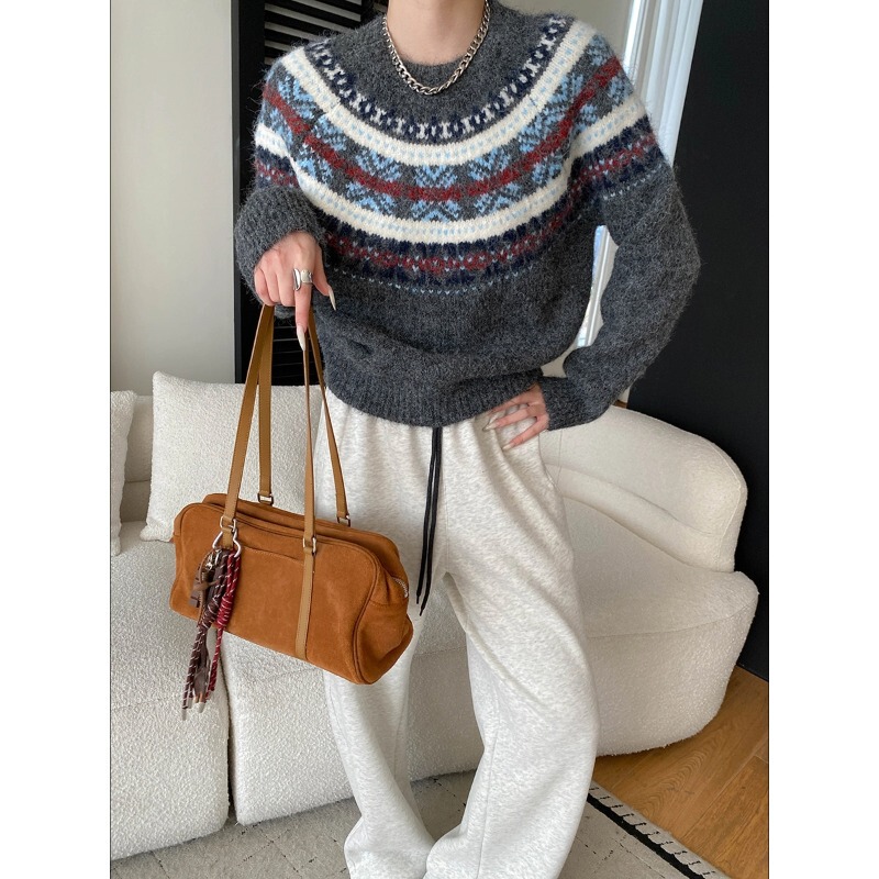 Sinan Christmas Atmosphere Fair Isle Retro Color-Blocked Jacquard Thick Loose Knit Sweater Sn8345