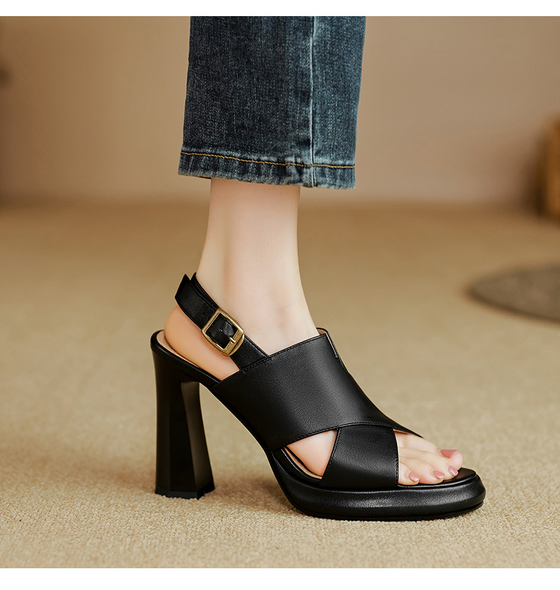 Sandal cao gót nữ quai ngang hở ngón da cừu cao cấp gót 10 cm — Màu đen chi tiết 3