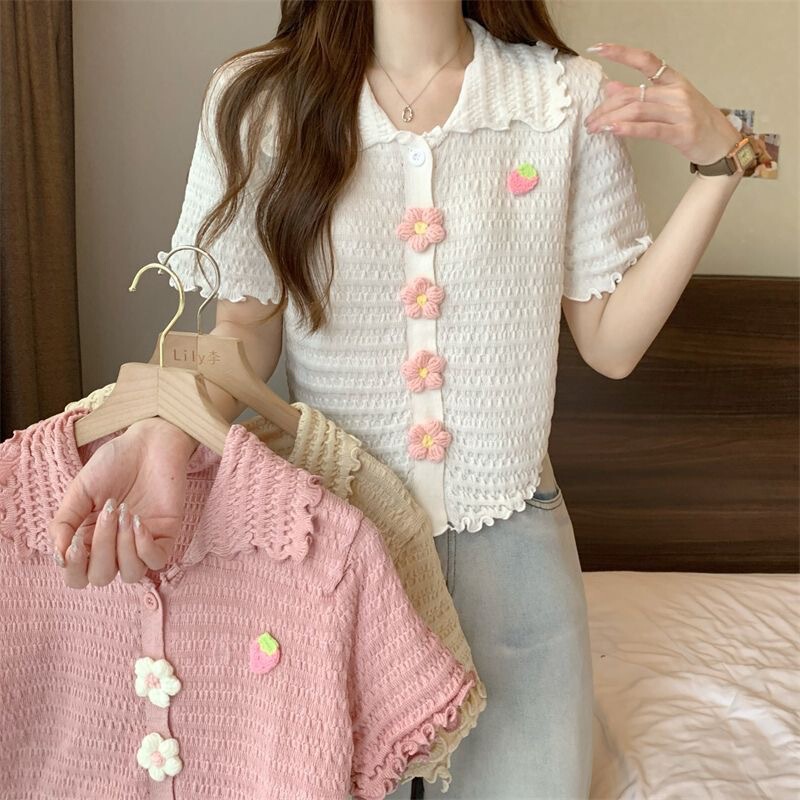 Sweet Pink Floral Lapel Shirt for Women, Summer Knitted Top with Ruffled Edges, Beautiful and Unique Blouse