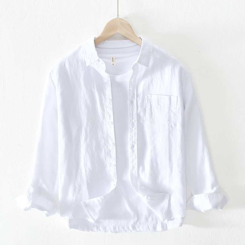 L721 ropa de abrigo casual diaria camisa de todos los hombres camisa de lino de manga larga de color sólido hombres jóvenes entrega de una pieza