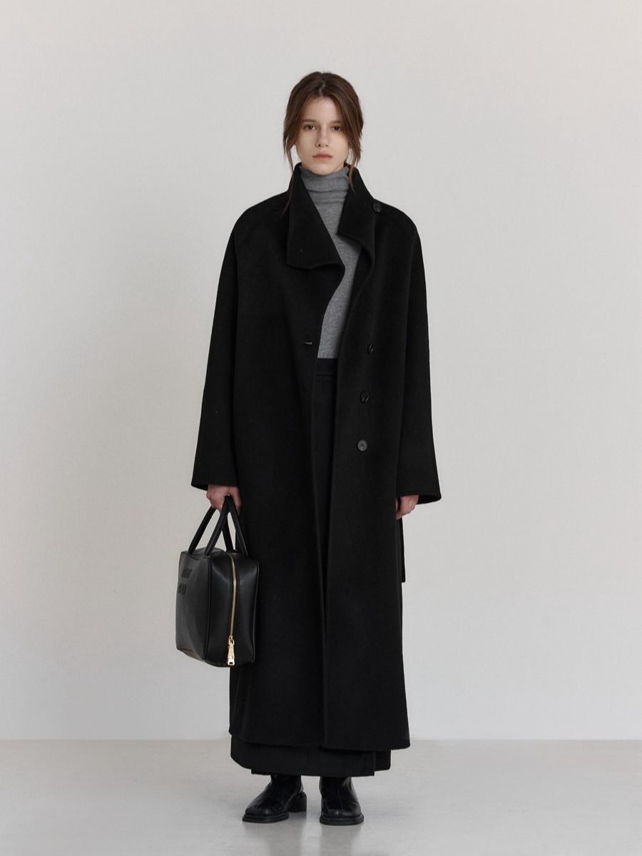 【電子商取引専用】ウール100% グレー タートルネック 両面ウール ロングコート レディース 冬 プレミアムウールコート