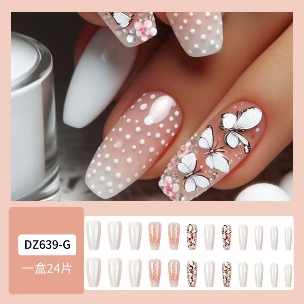 Manicura de uñas de escalera larga de punto blanco simple, parche de uñas de degradado blanco en polvo de mariposa, venta caliente transfronteriza, armadura portátil de diamantes image 9