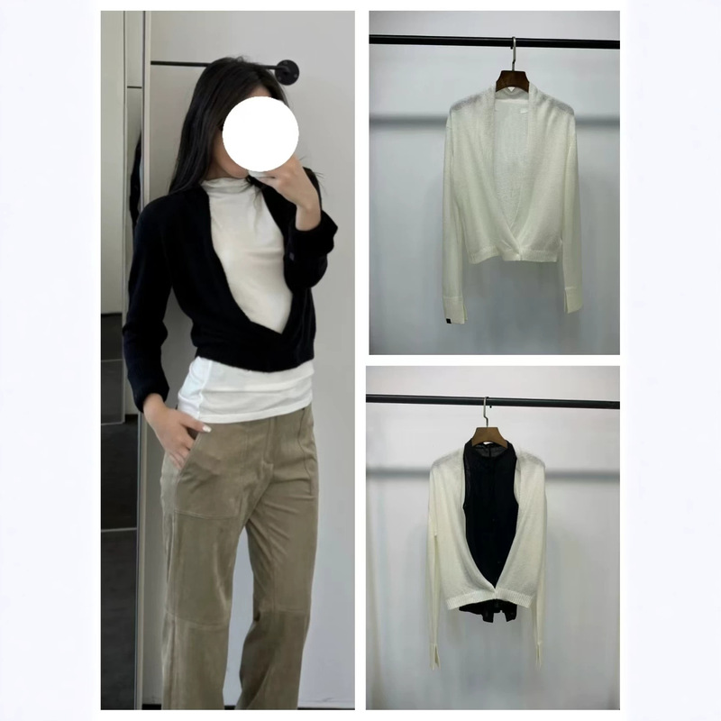 In Stock: 26 New Styles of "90S Club" Cashmere and Silk Blend V-Neck Drape Collar Cardigan, Black/White
