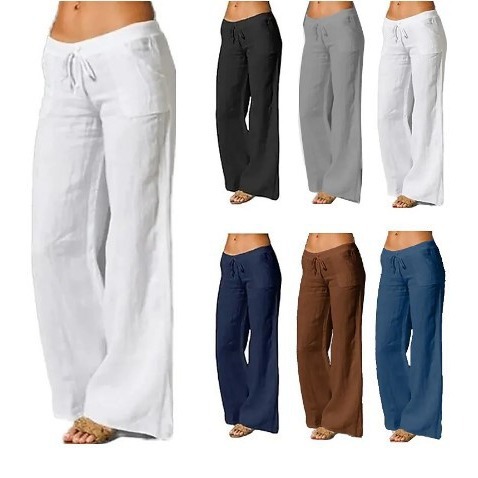 跨境亚马逊速卖通夏季款纯色高腰阔腿裤女宽松棉麻口袋休闲裤女