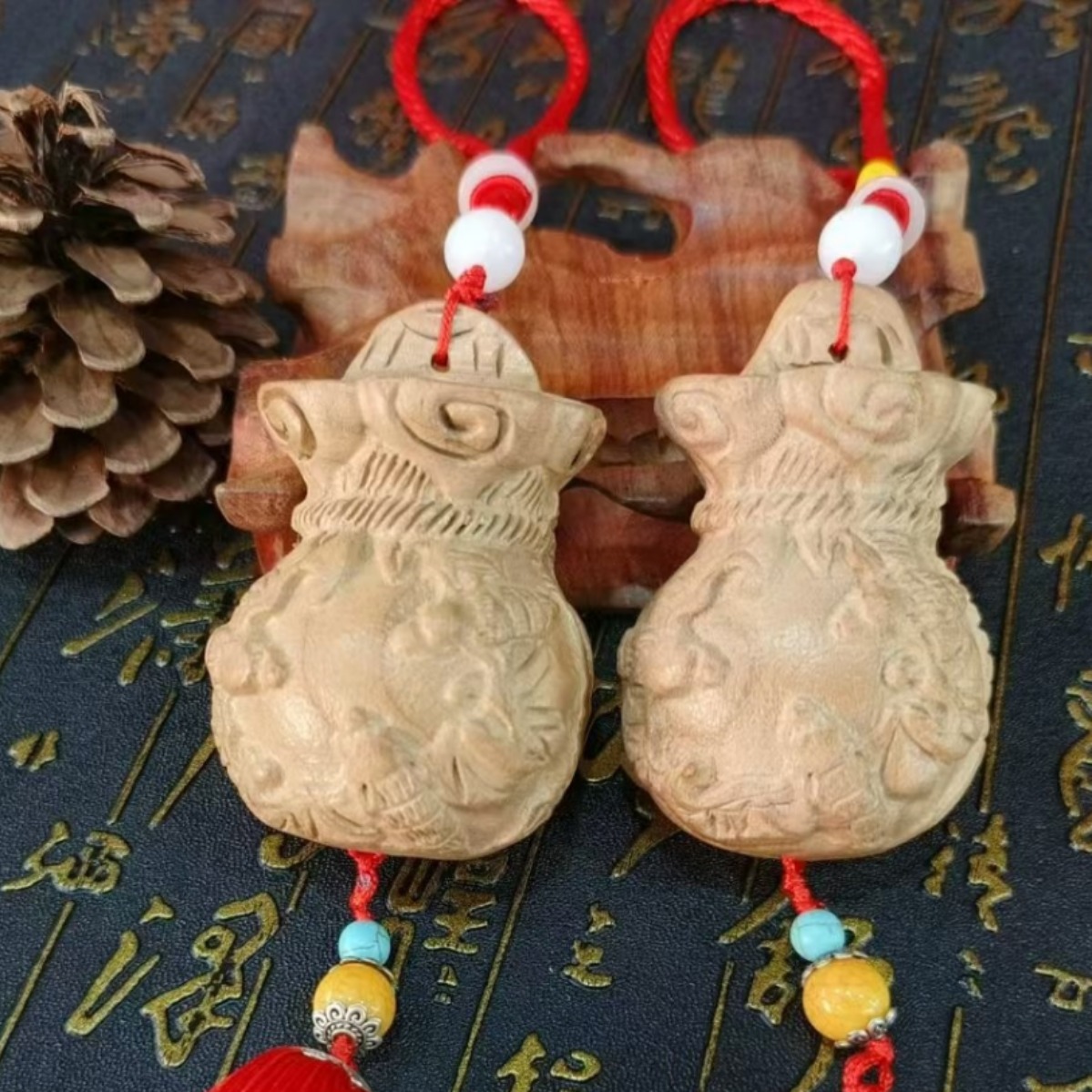(Wholesale), three dimensional carved wooden pendant, protective amulet with tassels, accessory, (Physicals)
