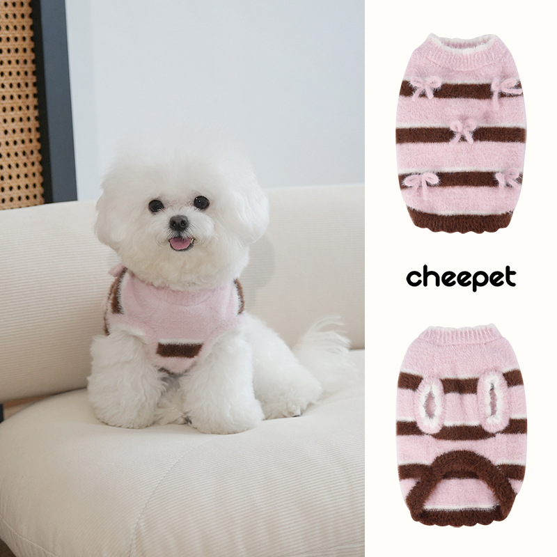 Lustiger koreanischer Pullover mit gestreifter Schleife, Haustier-Hundekleidung, Teddy-Bichon-Pullover, warmer Pullover für kleine Hunde