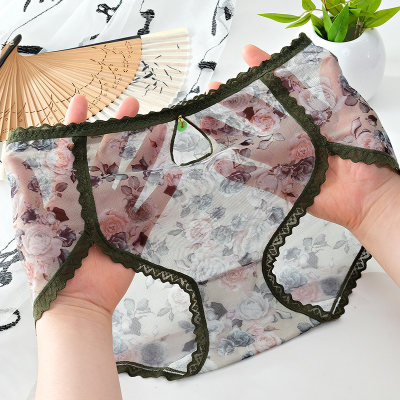 Mid-Waist Mesh Women's Underwear High Elastic Non-itch Yarn Anti-bacterial Crotch Women's Underwear Floral Non-marking Sexy Underwear for Women