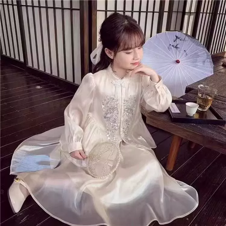 Детская весенняя одежда, новые платья для девочек в китайском стиле, весна-осень 2024, стильные новые юбки, китайский стиль для девочек Hanfu